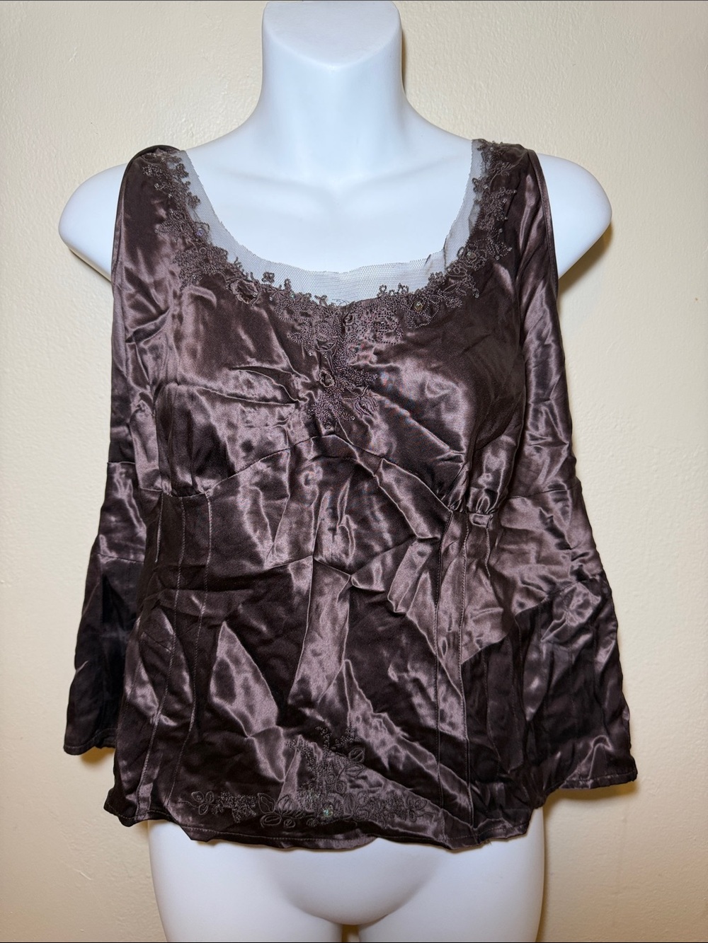 Tribal Brown Satin Lace-Trim Camisole